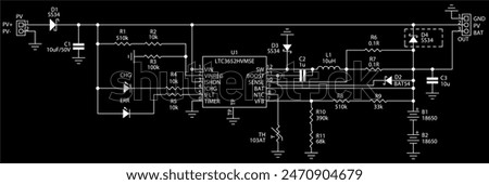 Schematic diagram of electronic device. Vector drawing electrical circuit with 
led, microcontroller, integrated circuit, inductor coil, 
resistor, capacitor, diode
on background of paper sheet.