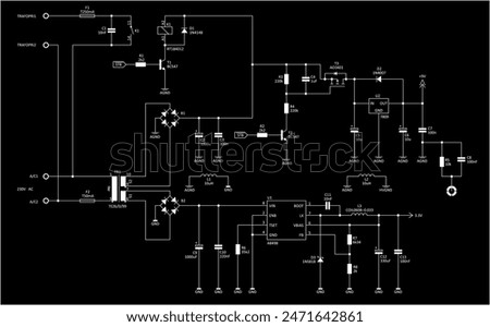 
Schematic diagram of electronic device. Vector drawing electrical circuit with 
integrated circuit, inductor coil, diode bridge, transformer, relay,
resistor, capacitor, transistor, antenna.