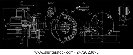 Assembly drawing of drive shaft with coupling. 
Vector cad scheme of steel mechanical device with shaft, gear, 
electric engine, bearing, bolted connection and dimension lines.
Engineering background.