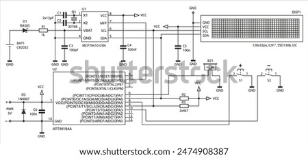 Schematic diagram of electronic device on sheet of paper.
Vector drawing electrical circuit with
resistor, capacitor, integrated circuit,
diode, microcontroller, lcd display, other components.