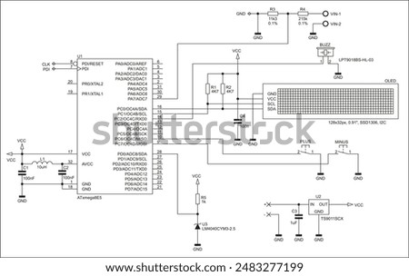 Schematic diagram of electronic device on sheet of paper. Vector drawing electrical circuit with
resistor, capacitor, integrated circuit,
diode, microcontroller, lcd display, other components.