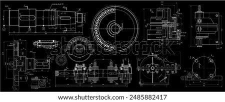 Vector engineering drawing of steel mechanical parts 
with through holes and dimension lines. Industrial 
cad scheme on paper sheet. Technology background.