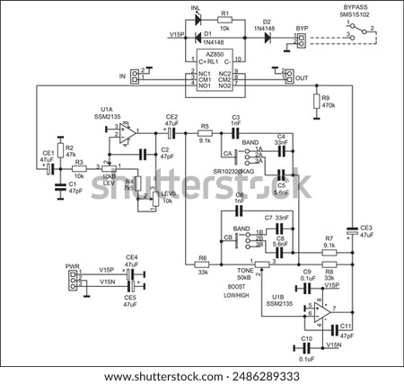 Schematic diagram of electronic device on sheet of paper. Vector drawing electrical circuit with 
operational amplifier, connector,
resistor, capacitor, integrated circuit,
diode, led, other component