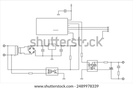 Schematic diagram of electronic device on sheet of paper. Vector template of drawing electrical circuit with microcontroller,
resistor, integrated circuit, capacitor, diode, led,
other components.