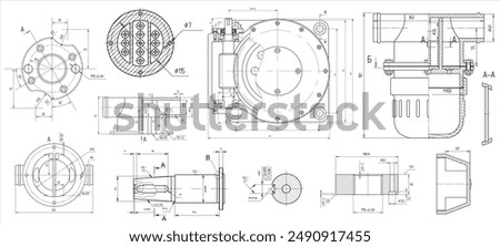 Vector set of steel mechanical devices with shaft, 
gear, electric engine, bolted connection 
and dimension lines. Assembly drawing of cylindrical 
worm reducer. Engineering technical cad scheme. 