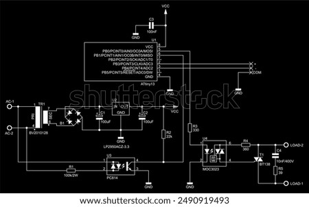 	
Schematic diagram of electronic device on sheet of paper. Vector drawing electrical circuit with microcontroller, resistor, integrated circuit, capacitor, diode, led, other components.