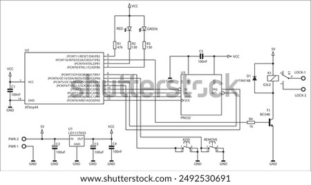 Schematic diagram of electronic device. Vector drawing electrical circuit with
integrated circuit, resistor, capacitor, diode, microcontroller,
transistor, voltage stabilizer, led indicator,
other.