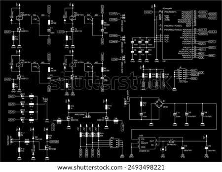 Schematic diagram of electronic device on sheet of paper.
Vector drawing electrical circuit with microcontroller,
connector, led,
resistor, integrated circuit, capacitor, diode,
coil, other components