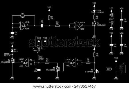 
Schematic diagram of electronic device on sheet of paper.
Vector drawing electrical circuit with logic gate of
integrated circuit, resistor, capacitor, diode, transistor,
other components.