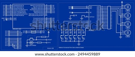 Vector schematic diagram of electronic device on arduino with
motors on sheet of paper. Drawing electrical circuit with
integrated circuit, resistor, microcontroller, led indicator,
other components.