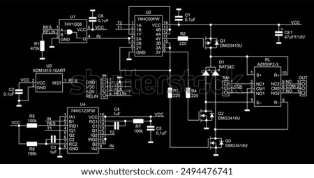 Schematic diagram of electronic device on sheet of paper. Vector drawing electrical circuit with logic gate of
integrated circuit, resistor, capacitor, diode, transistor, connector, other components.