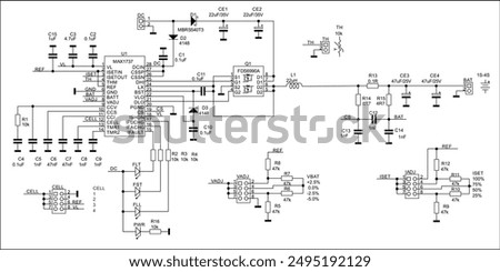 Technical schematic diagram of electronic device. Vector drawing electrical circuit with 
controller, led, integrated circuit, capacitor, resistor,
diode, other electronic components.