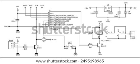 Technical schematic diagram of electronic device. Vector drawing electrical circuit with 
controller, led, integrated circuit, capacitor, resistor,
transistor, relay, diode, other electronic component