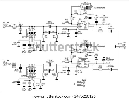 Technical schematic diagram of electronic device. Vector drawing electrical circuit with 
switch, integrated circuit, capacitor, resistor, other electronic components.