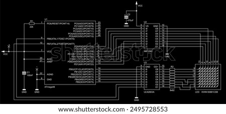 Schematic diagram of electronic device on sheet of paper. Vector drawing electrical circuit with microcontroller,
resistor, integrated circuit, capacitor, diode, led, other components.