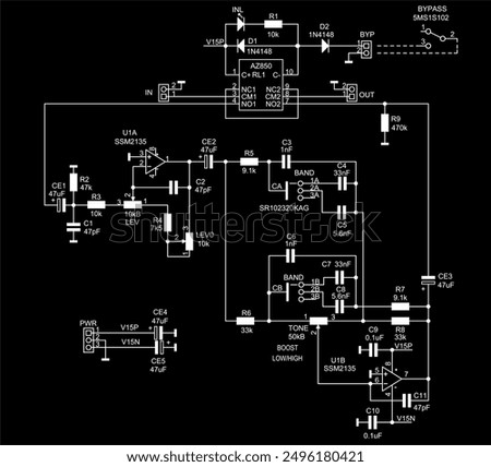 Schematic diagram of electronic device on sheet of paper. Vector drawing electrical circuit with 
operational amplifier, connector,
resistor, capacitor, integrated circuit,
diode, led, other component