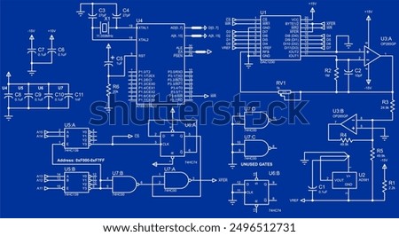 Vector electrical scheme.  Schematic diagram of electronic device, operating 
under control of microcontroller. Technical electric design with
integrated circuit, capacitor, memory chip, logic gate.