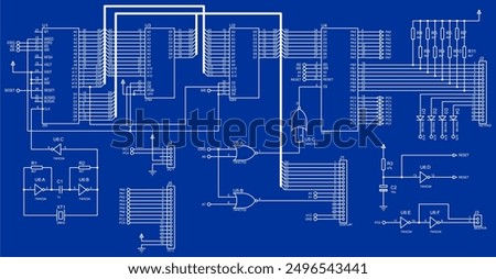 Vector electrical circuit. 
Schematic diagram of electronic device, operating 
under control of microcontroller. Technical scheme with 
logic gates, integrated 
circuit, resistor, diode, capacitor.