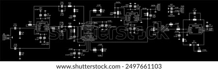 Schematic diagram of electronic device on sheet of paper. Vector drawing electrical circuit with logic gate of
integrated circuit, resistor, capacitor, diode, microcontroller,
other components.