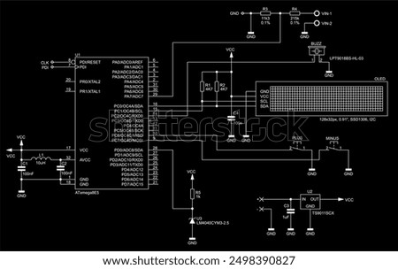 Schematic diagram of electronic device on sheet of paper. Vector drawing electrical circuit with
resistor, capacitor, integrated circuit,
diode, microcontroller, lcd display, other components.