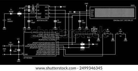 Schematic diagram of electronic device on sheet of paper.
Vector drawing electrical circuit with
resistor, capacitor, integrated circuit,
diode, microcontroller, lcd display, other components.