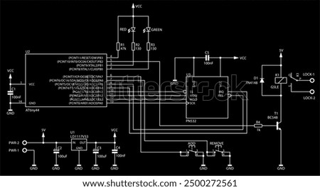 Schematic diagram of electronic device. Vector drawing electrical circuit with
integrated circuit, resistor, capacitor, diode, microcontroller,
transistor, voltage stabilizer, led indicator, other.