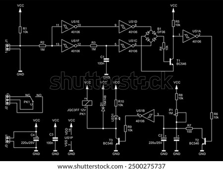 Schematic diagram of electronic device on sheet of paper.
Vector drawing electrical circuit with logic gate of
integrated circuit, resistor, capacitor, diode, transistor,
led, other components.