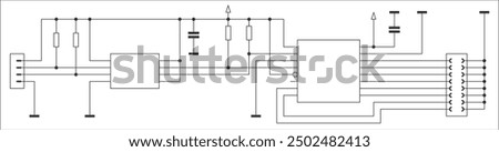 
Schematic diagram of electronic device on sheet of paper.
Vector template of drawing electrical circuit with 
resistor, integrated circuit, capacitor, controller, gnd,
connector, other components.