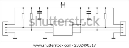 
Schematic diagram of electronic device on sheet of paper. Vector template of drawing electrical circuit with 
resistor, integrated circuit, capacitor, gnd,
connector, other components.