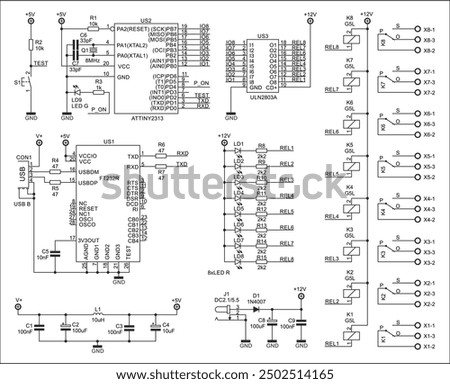 Schematic diagram of electronic device. Vector drawing electrical circuit with 
integrated circuit, diode, connector, 
capacitor, resistor, led, inductor coil, relay,
microcontroller, other components