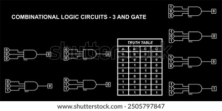 Combinational logic circuits - AND gate. Vector diagram of operation of logical element 3AND.
Element 3AND operation logic. Digital logic gates.
Truth table of the element 3 AND.