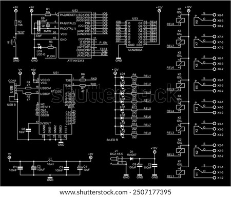 Schematic diagram of electronic device.
Vector drawing electrical circuit with 
integrated circuit, diode, connector, 
capacitor, resistor, led, inductor coil, relay,
microcontroller, other components