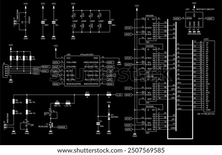 Schematic diagram of electronic device on sheet of paper. Vector drawing electrical circuit with microcontroller,
resistor, integrated circuit, capacitor, diode, lcd,
other components.