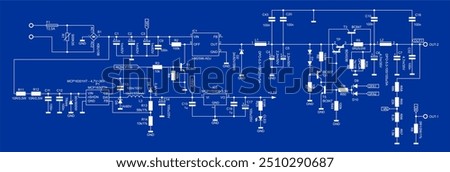 Schematic diagram of electronic device. Vector drawing electrical scheme with integrated circuit, 
resistor, capacitor, diode, led, transistor 
and other components.