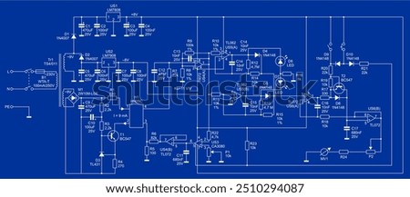 Schematic diagram of electronic device.  Vector drawing electrical circuit with 
operational amplifier, resistor, capacitor, switch, led, 
integrated circuit, diode and other electronic components.