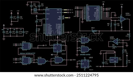 Vector electrical scheme. Schematic diagram of electronic device, operating 
under control of microcontroller. Technical electric design with
integrated circuit, capacitor, memory chip, logic gate.