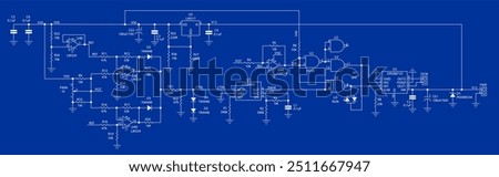 Schematic diagram of electronic device. Vector drawing electrical circuit with 
logic gate, operational amplifier, 
microcontroller, integrated circuit, 
resistor, capacitor, diode on paper sheet.