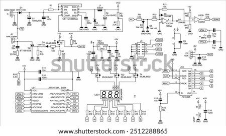 Schematic diagram of electronic device on sheet of paper.
Vector drawing electrical circuit with lcd display, 
operational amplifier, integrated circuit, 
capacitor, resistor, transistor, controller.