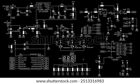 Schematic diagram of electronic device on sheet of paper. Vector drawing electrical circuit with lcd display, 
operational amplifier, integrated circuit, 
capacitor, resistor, transistor, controller.