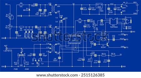 Technical schematic diagram of electronic device. Vector drawing electrical circuit with 
coil, capacitor, resistor, integrated circuit,
diode, transistor, antenna, other electronic components.