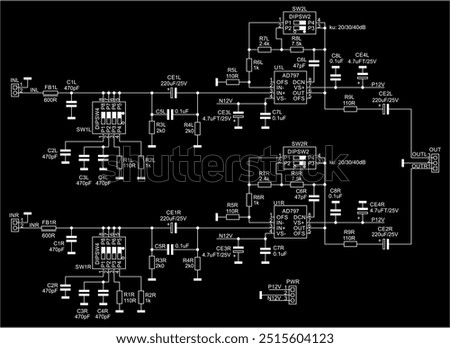 Technical schematic diagram of electronic device.
Vector drawing electrical circuit with 
switch, integrated circuit, capacitor, resistor,
other electronic components.