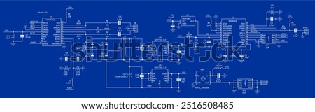 Technical schematic diagram of electronic device. Vector drawing electrical circuit with controller, 
integrated circuit, capacitor, resistor, coil, diode,
other components.