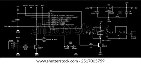 Technical schematic diagram of electronic device. Vector drawing electrical circuit with controller, led, integrated circuit, capacitor, resistor,
transistor, relay, diode, other electronic components