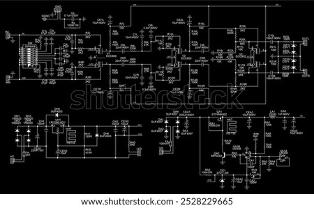 Schematic diagram of electronic device.
Vector technic computer drawing electrical circuit with 
capacitor, diode,
transistor, resistor, coil, operational amplifier
and other electronic components.