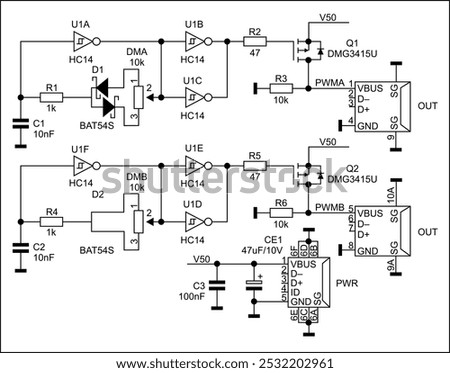 Schematic diagram of electronic device on white sheet of paper.
Vector drawing electrical circuit with logic elements of 
integrated circuit,
diode, usb connector, capacitor, resistor, transistor.