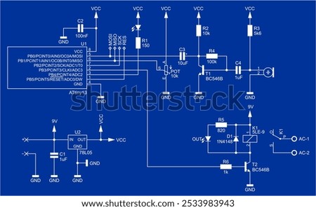 Schematic diagram of electronic device on sheet of paper. Vector drawing electrical circuit with microcontroller,
transistor, microphone,
resistor, integrated circuit, capacitor, diode, led, other.