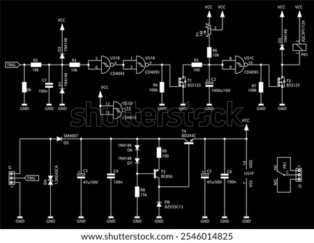 Schematic diagram of electronic device on sheet of paper.
Vector drawing electrical circuit with logic gate of
integrated circuit, resistor, capacitor, diode, transistor,
other components.