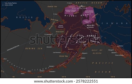 Vector political world map. North American continent with 
trans alaska pipeline, active oil field. 
Canada, russia, arctic ocean, pacific ocean,
bering sea, aleutian islands, alaska peninsula.