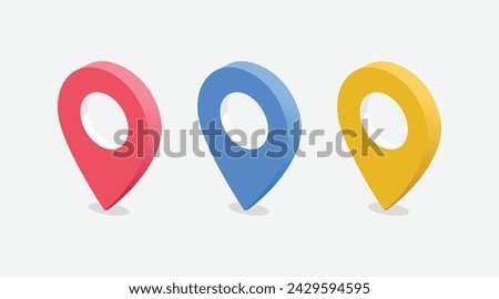 	
Set of three pins in red, blue and yellow for maps and navigation systems to mark current location. Icon design. Vector illustration.	

