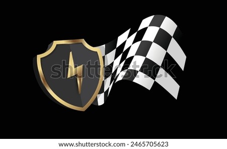 Golden Shield and Checkered Racing Flag Against Dark Background. Racing vector illustration.